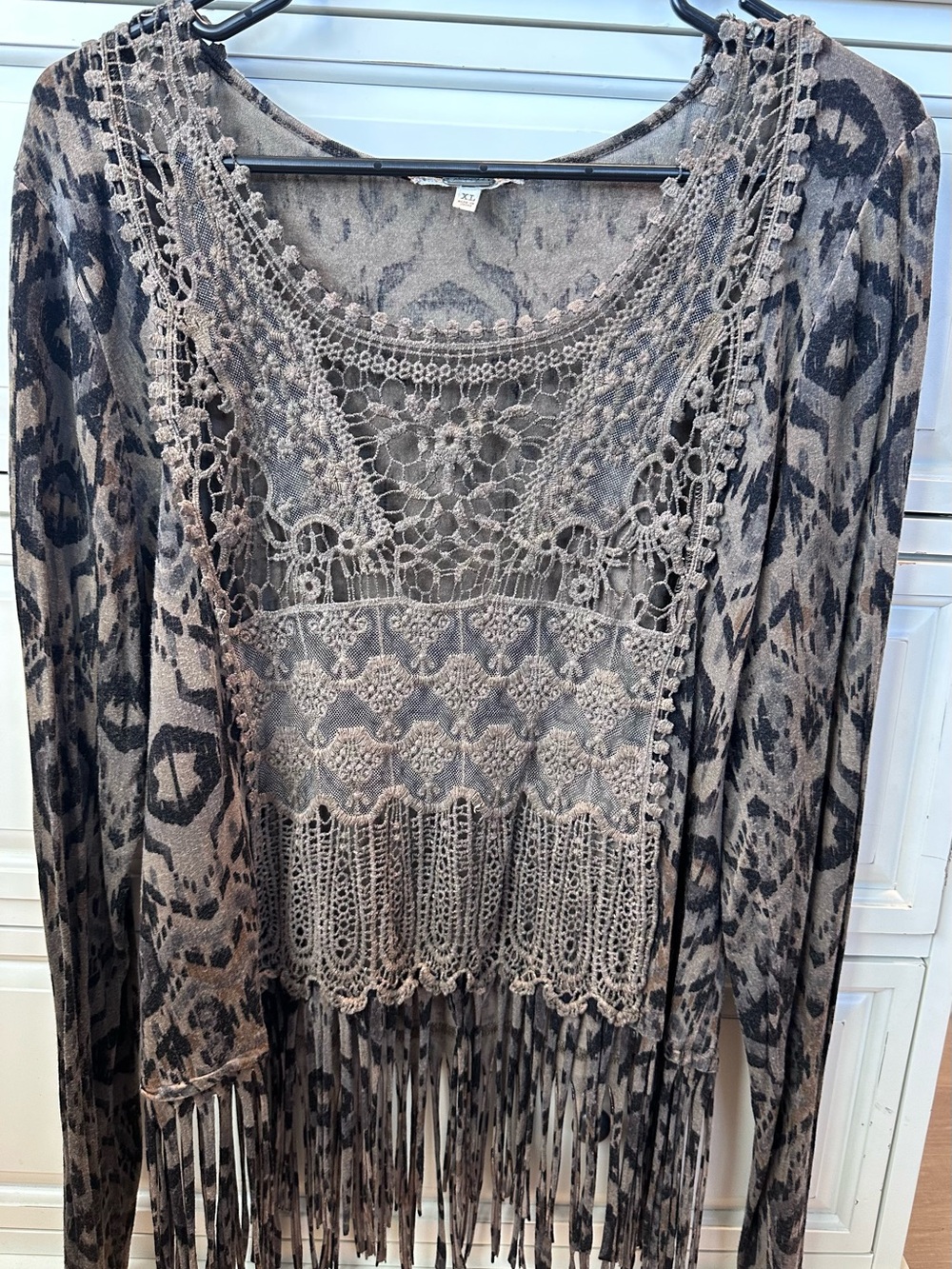 Gimmicks Crochet Fringe Boho Top in Taupe and Black